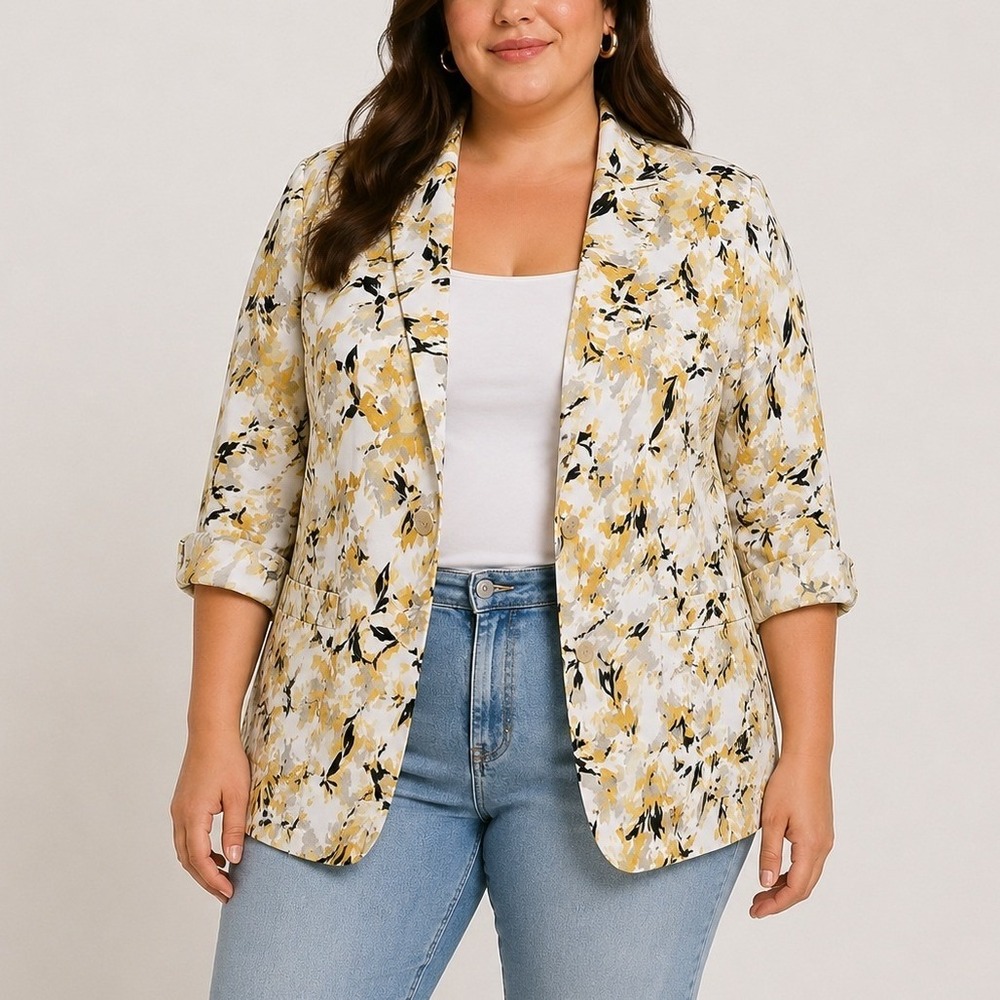 Kasper Blazer Jacket Floral Leaf Yellow Black White Collar Button 24W